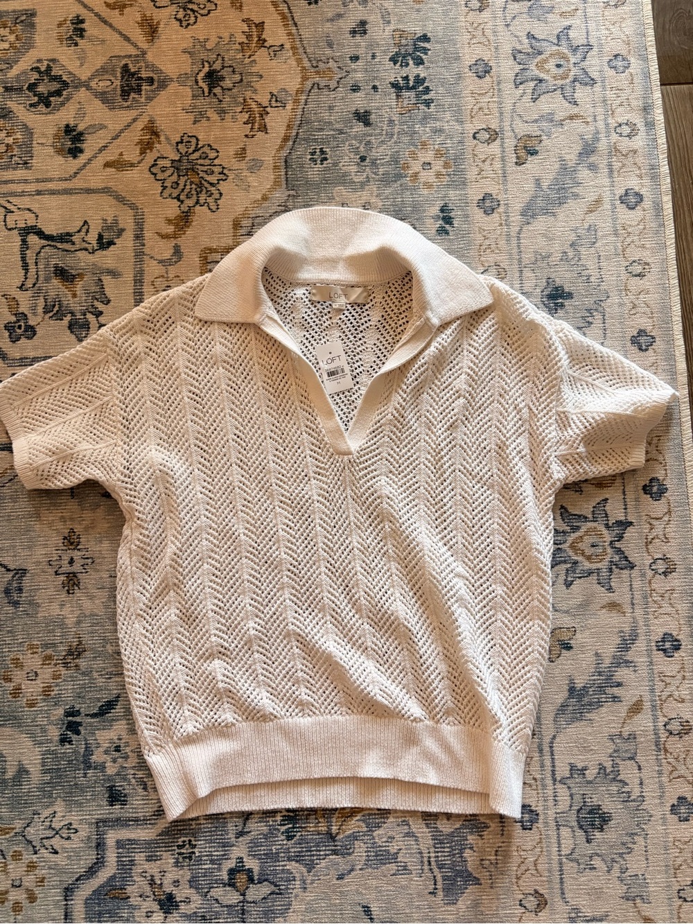 LOFT Women’s Cream Openwork V‑Neck Polo Sweater